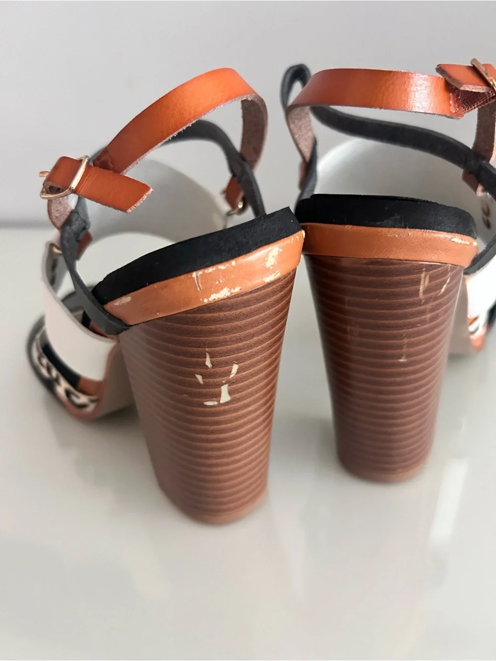 Chic Women's Mixed-Color Block Heel Sandals - White, Black & Brown
